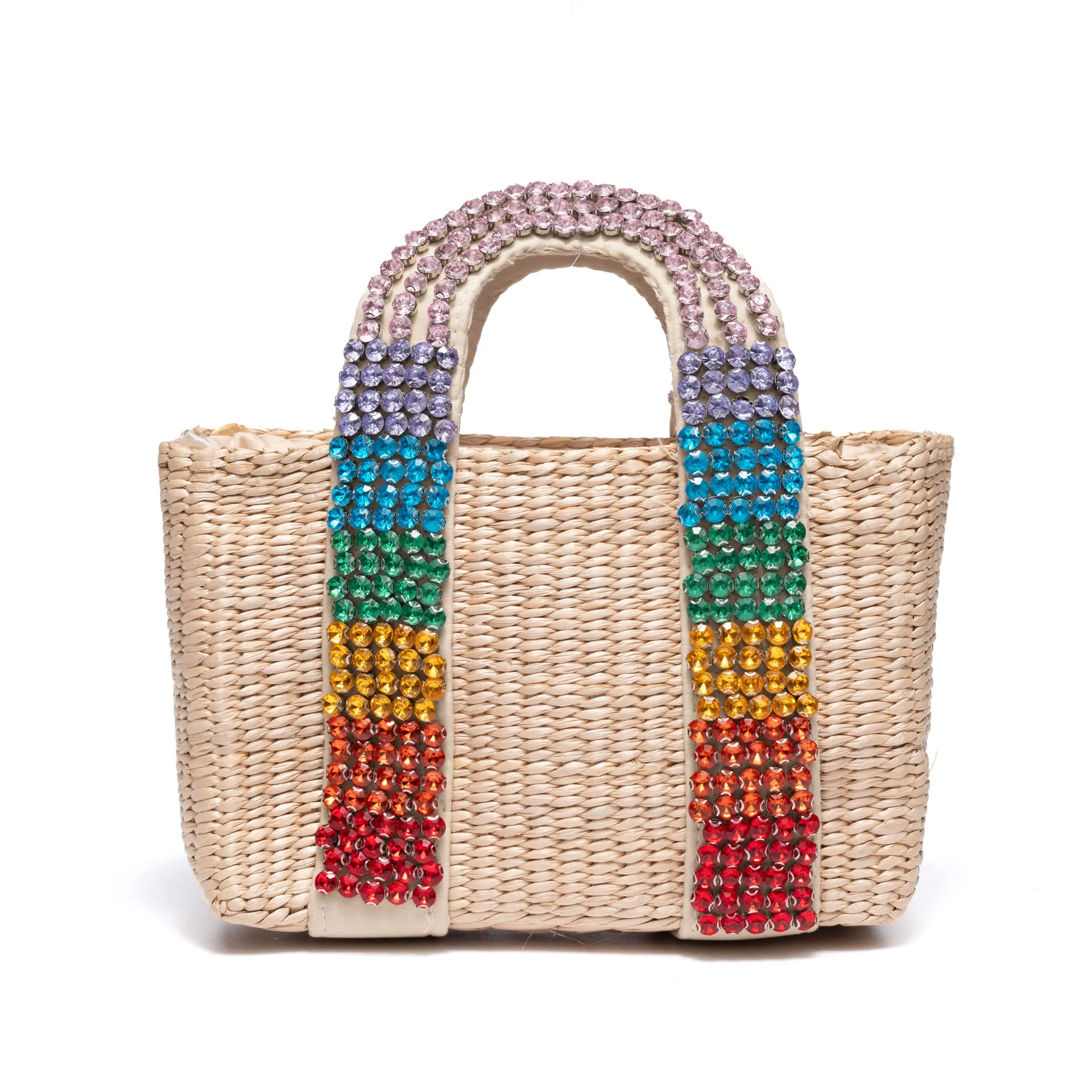 Multi-Colored Crystal Embellished Straw Bag