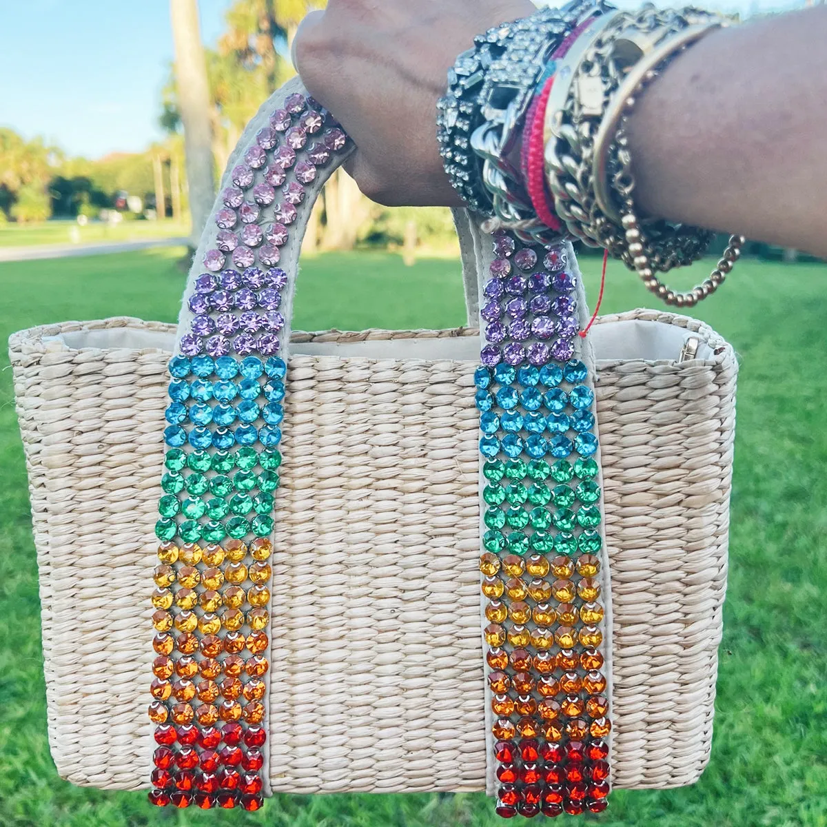 Multi-Colored Crystal Embellished Straw Bag