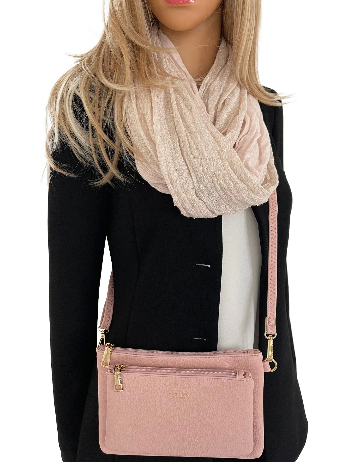 MULTI-POCKET CROSS BODY MESSENGER PURSE BAG WITH WRISTLET STRAP - PINK