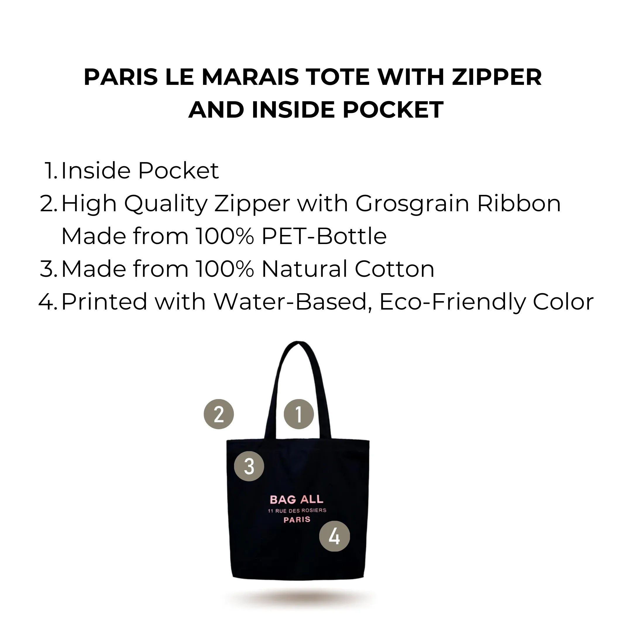 Paris Le Marais Tote with Zipper and Inside Pocket, Black