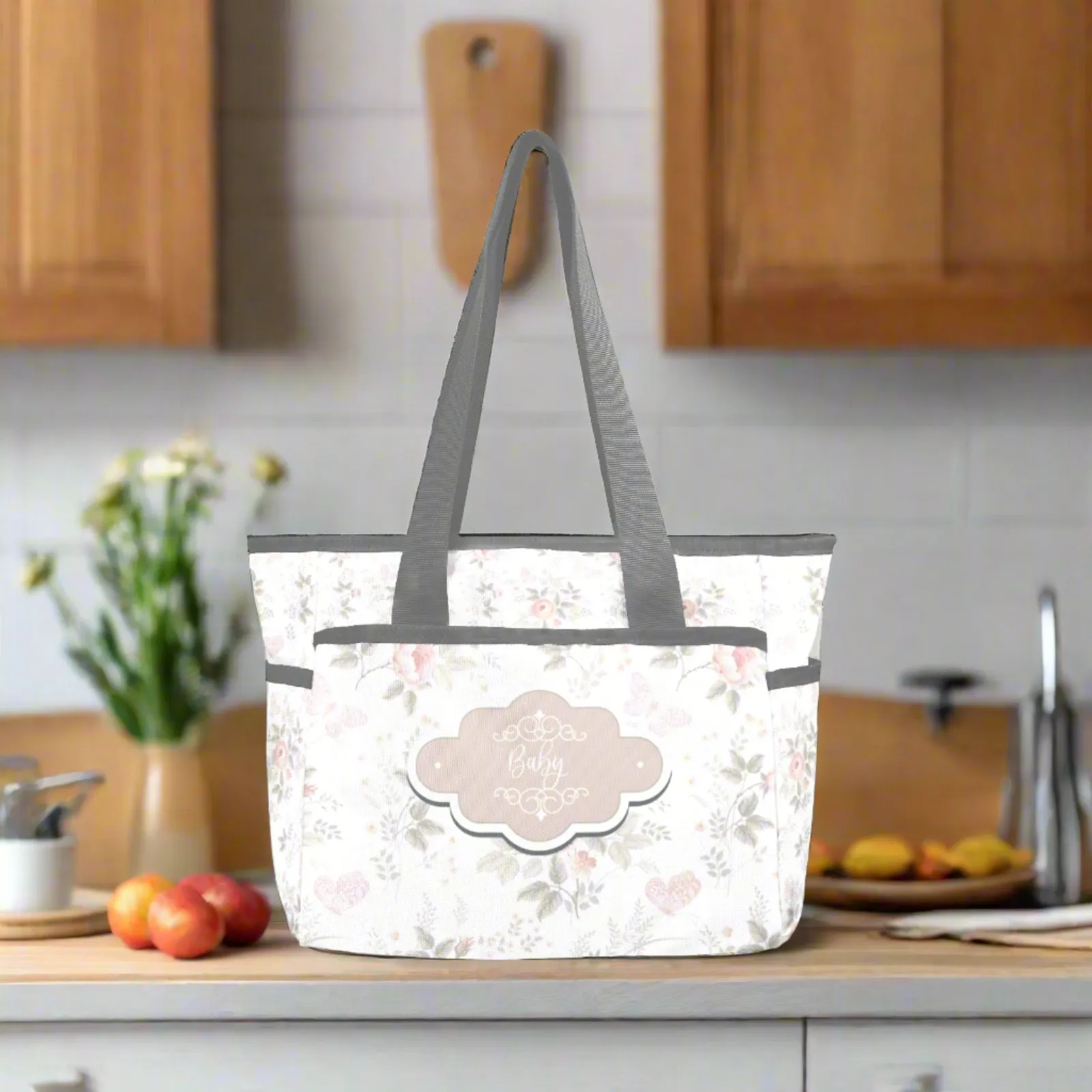 Personalized  Diaper Bag Tote Light Pink Floral and Gray - Waterproof Mommy Bag Tote