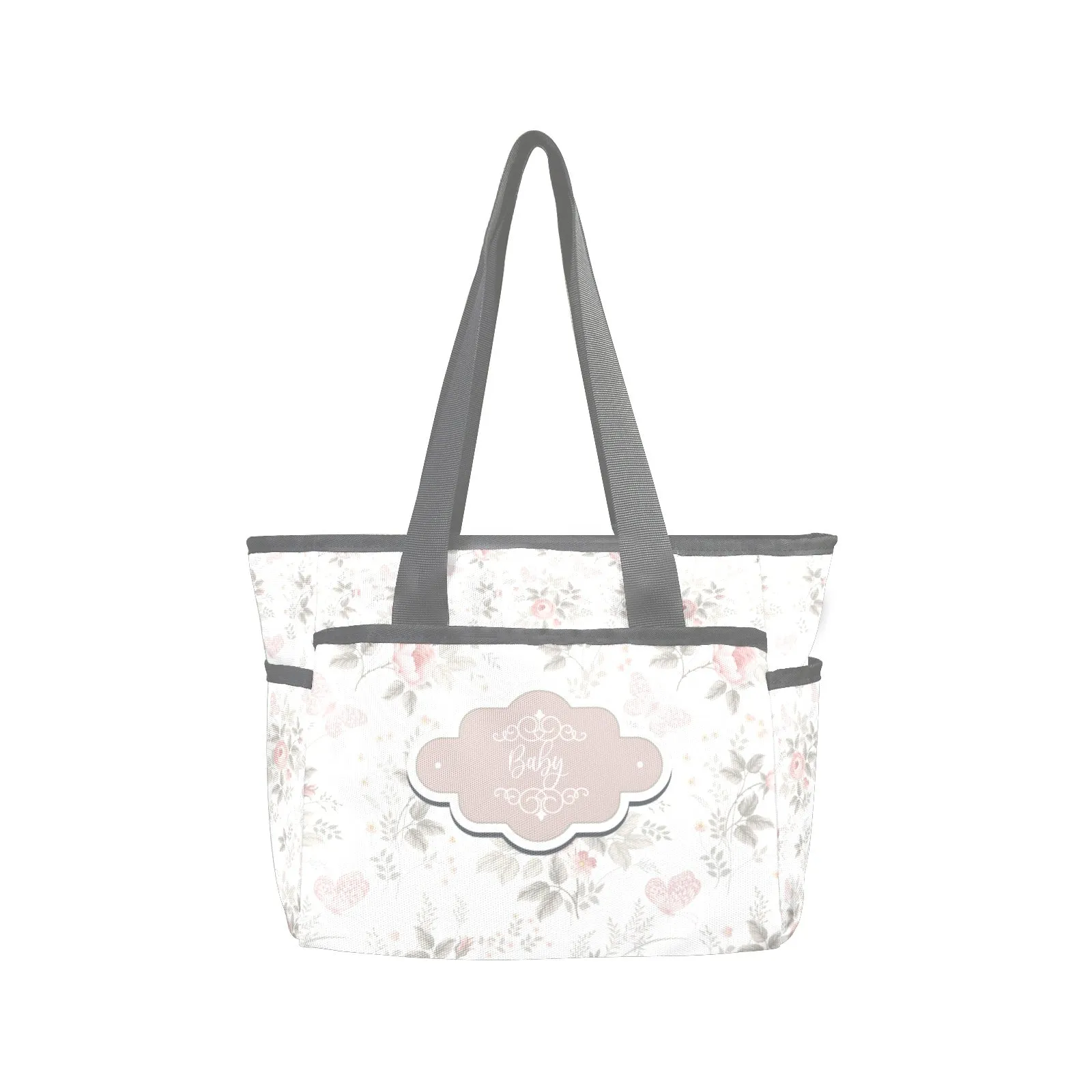 Personalized  Diaper Bag Tote Light Pink Floral and Gray - Waterproof Mommy Bag Tote