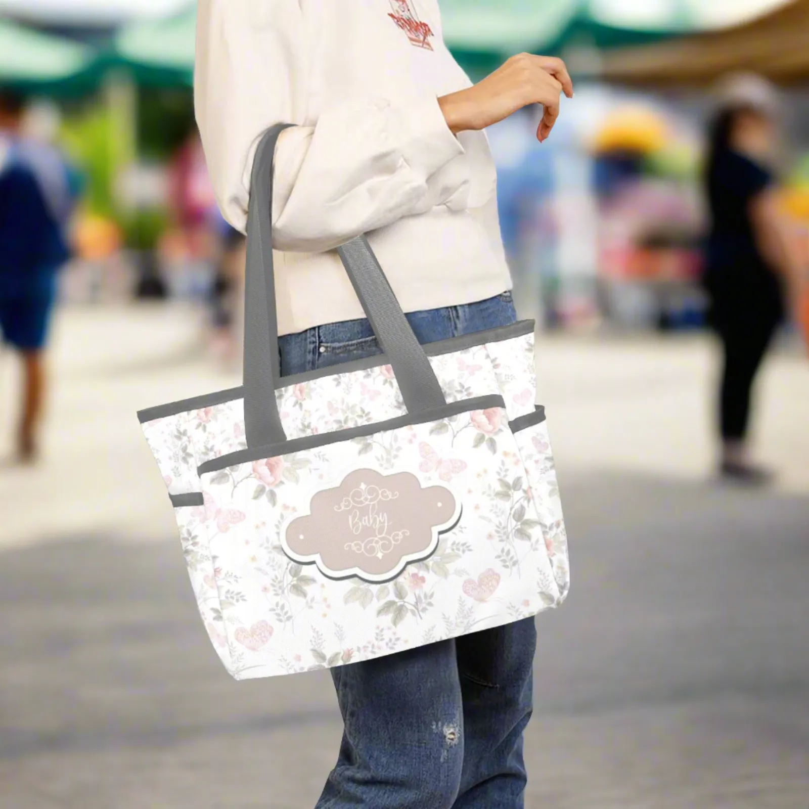 Personalized  Diaper Bag Tote Light Pink Floral and Gray - Waterproof Mommy Bag Tote