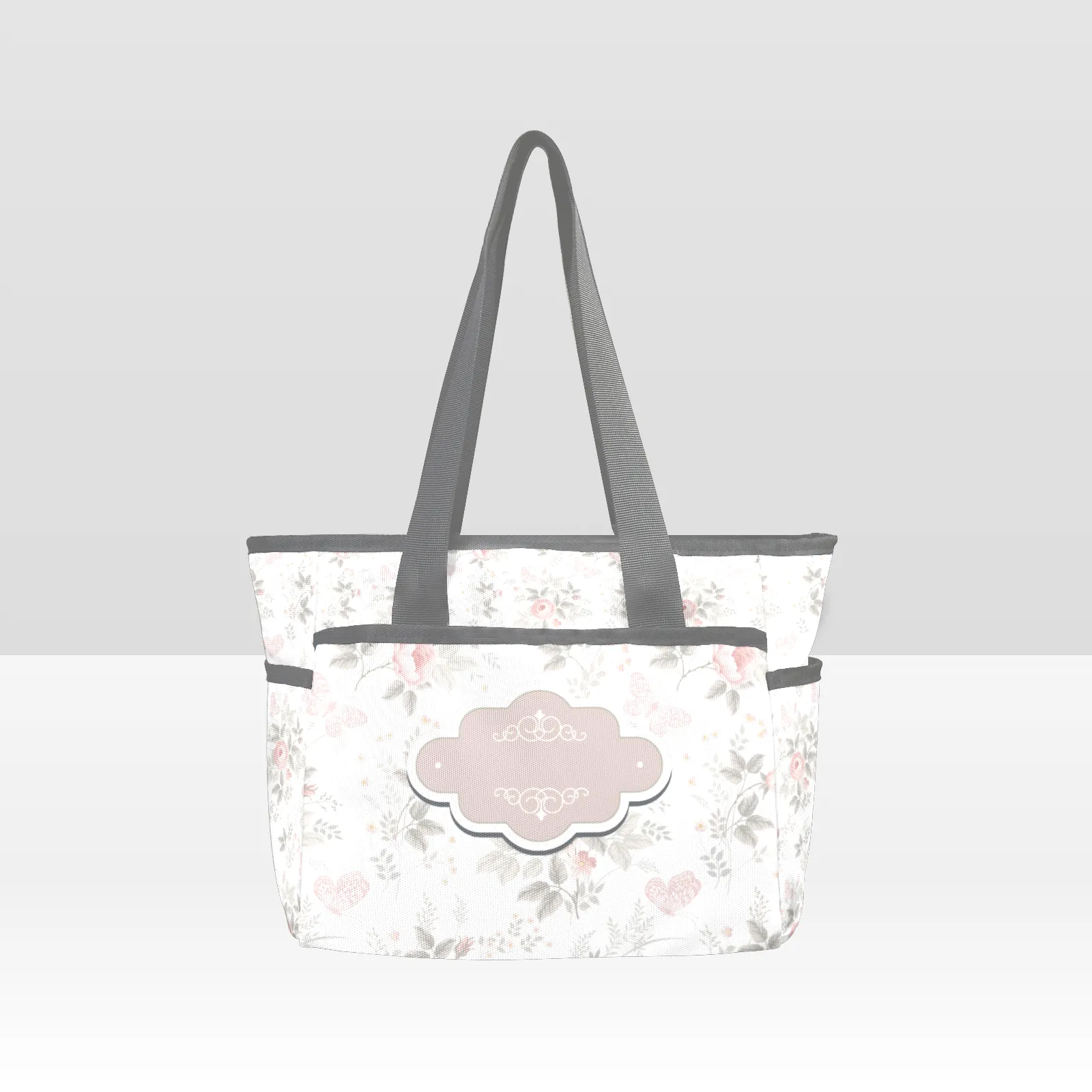 Personalized  Diaper Bag Tote Light Pink Floral and Gray - Waterproof Mommy Bag Tote