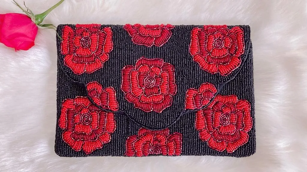 Red Roses on Black Beaded Clutch