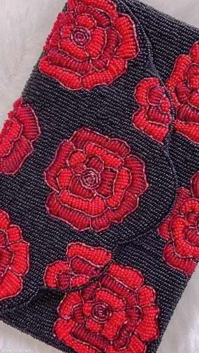 Red Roses on Black Beaded Clutch