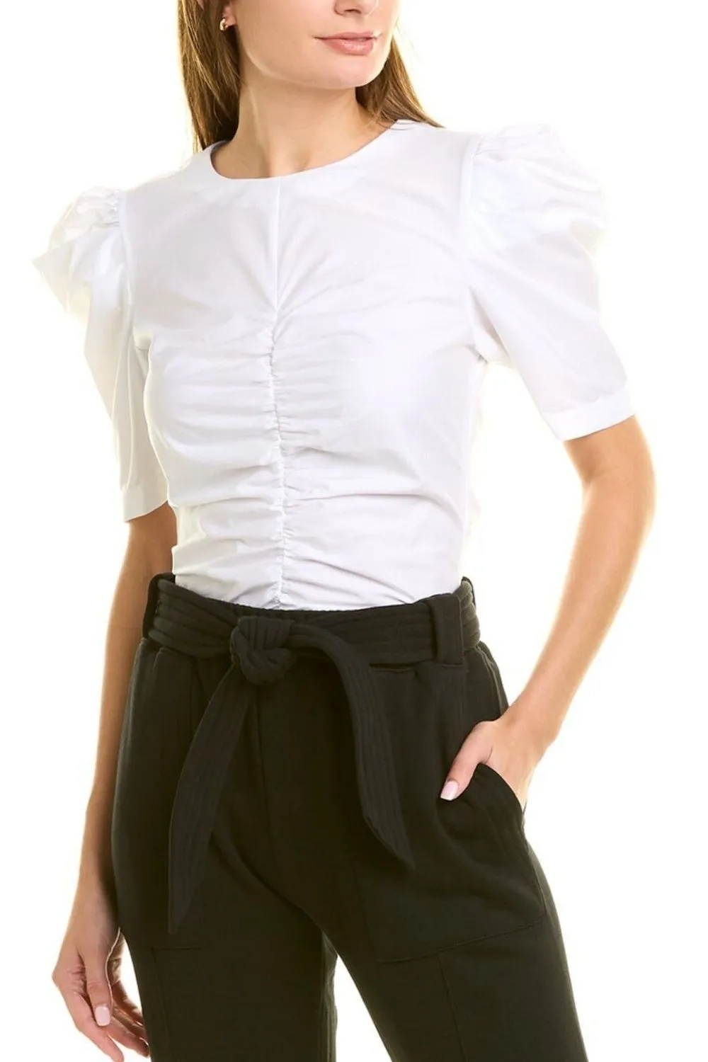 Ruched White Top With Puff Sleeve