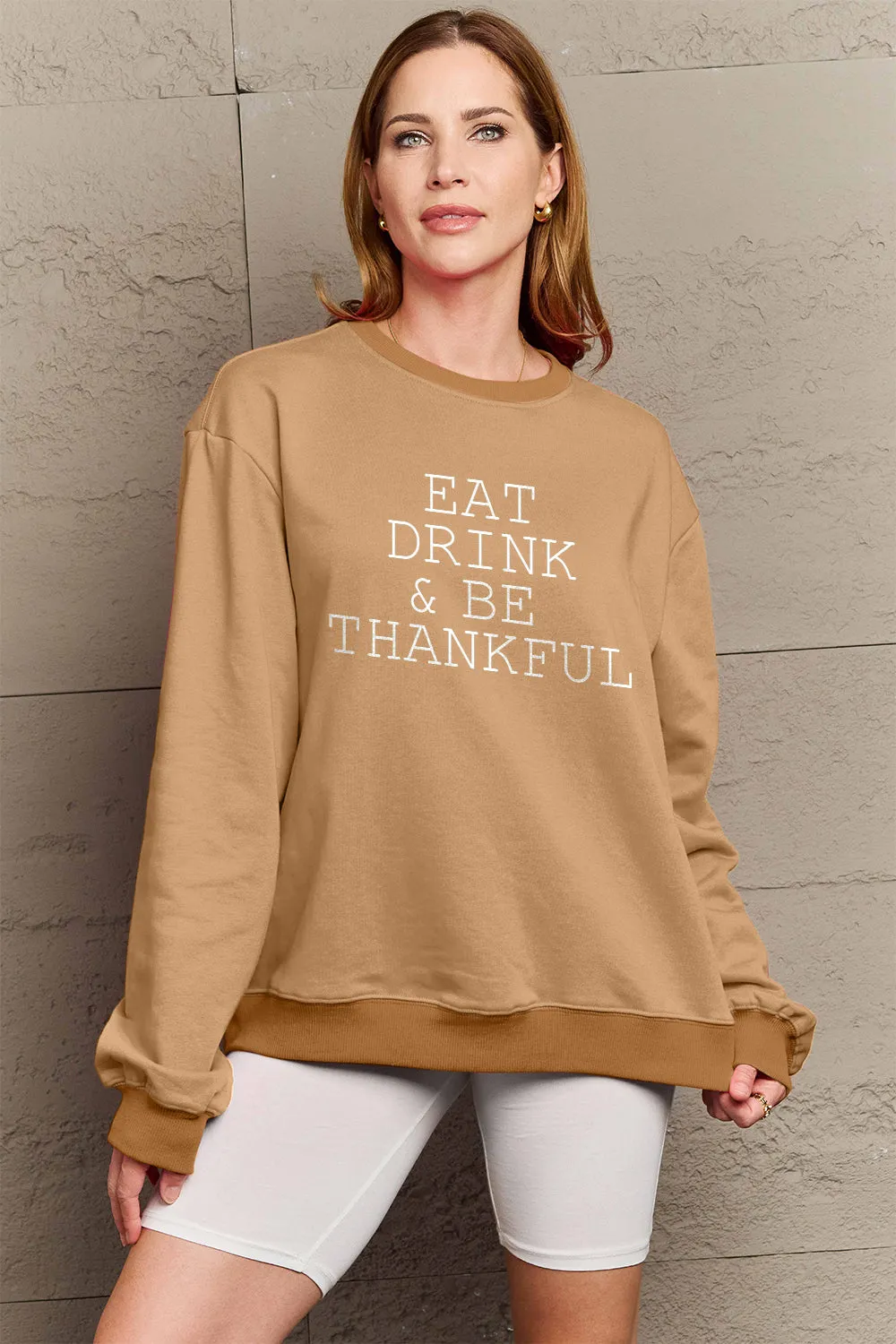 Simply Love Full Size EAT DRINK & BE THANKFUL Round Neck Sweatshirt