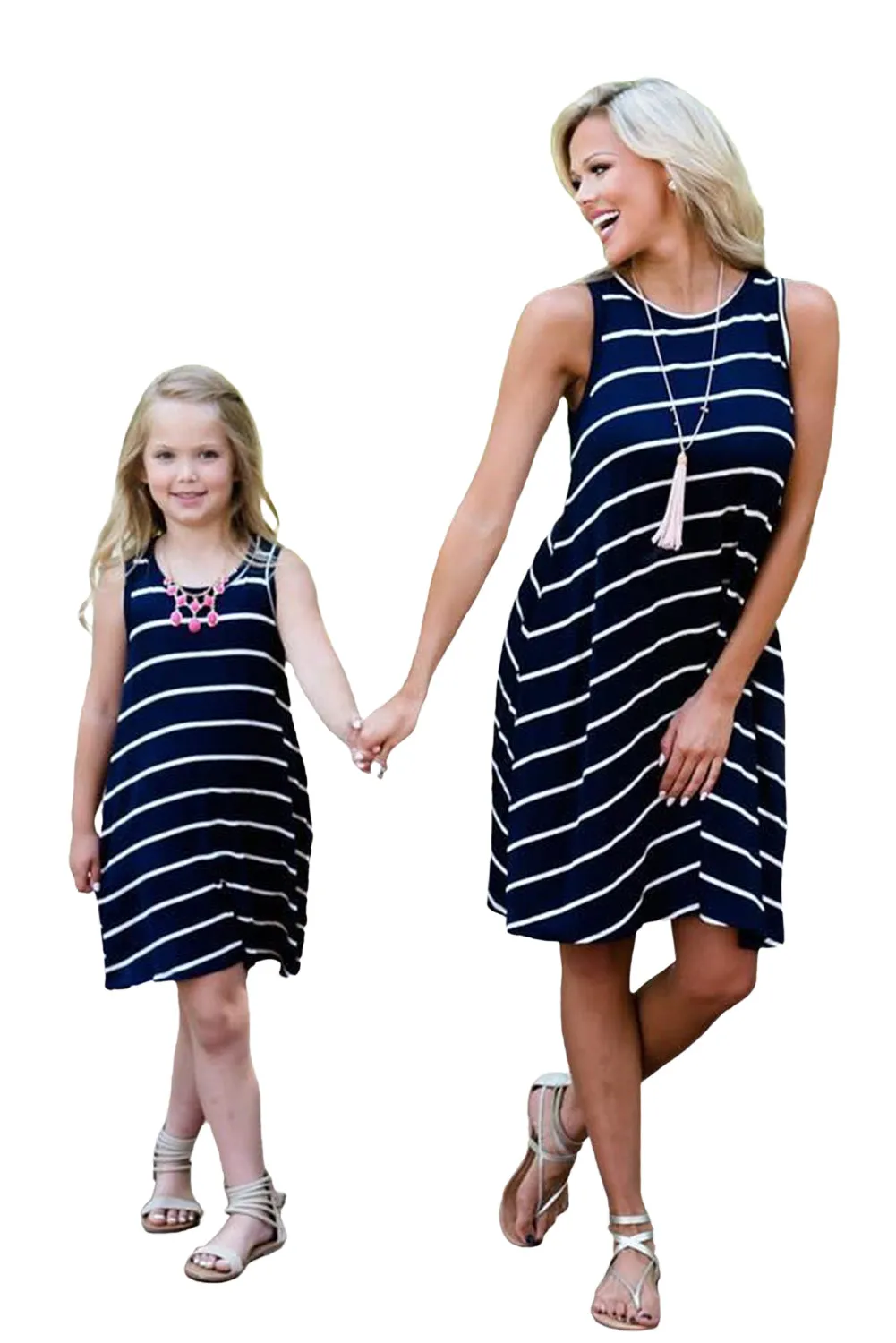 Striped Round Neck Mommy And Daughter Matching Dresses