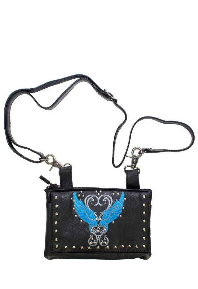 Studded Naked Cowhide Leather Belt Bag With Turquoise Wings