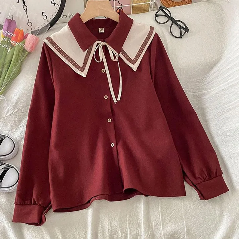 Sweet Peter Pan Collar Women Shirts Fashion Button Up Lace Up White Shirt Loose Designed Student Fall Long Sleeve Tops