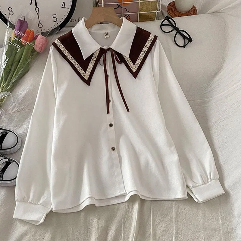 Sweet Peter Pan Collar Women Shirts Fashion Button Up Lace Up White Shirt Loose Designed Student Fall Long Sleeve Tops