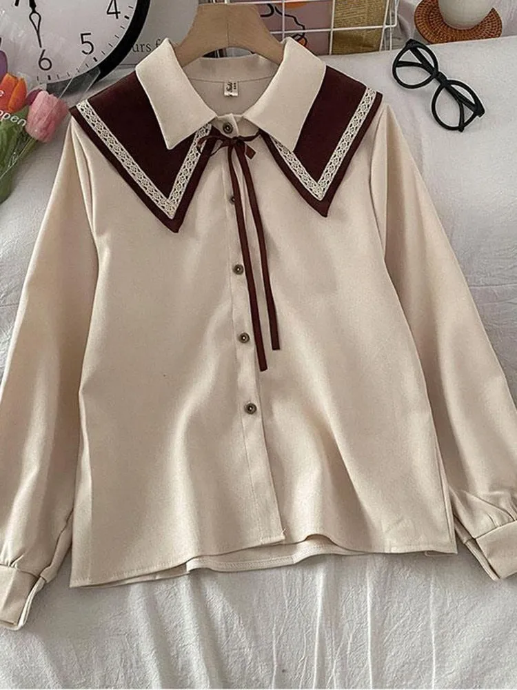 Sweet Peter Pan Collar Women Shirts Fashion Button Up Lace Up White Shirt Loose Designed Student Fall Long Sleeve Tops