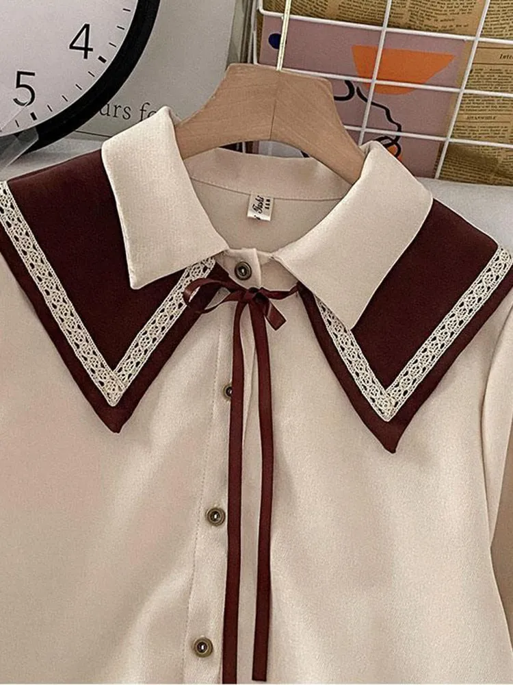 Sweet Peter Pan Collar Women Shirts Fashion Button Up Lace Up White Shirt Loose Designed Student Fall Long Sleeve Tops