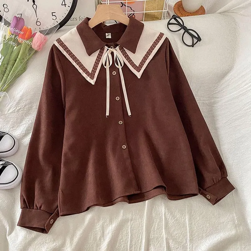 Sweet Peter Pan Collar Women Shirts Fashion Button Up Lace Up White Shirt Loose Designed Student Fall Long Sleeve Tops