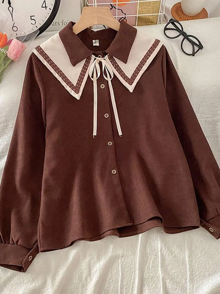 Sweet Peter Pan Collar Women Shirts Fashion Button Up Lace Up White Shirt Loose Designed Student Fall Long Sleeve Tops