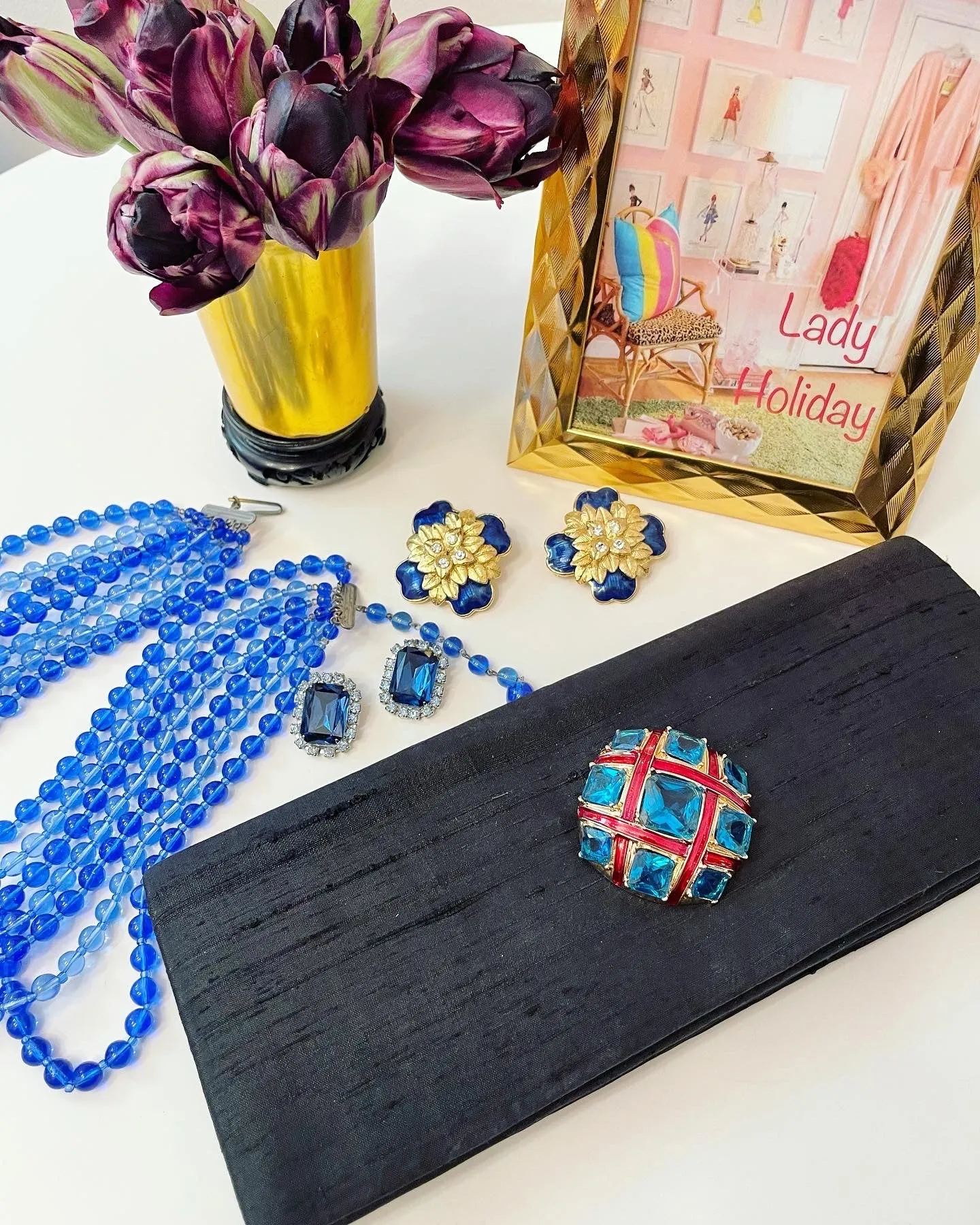 The Preppy Girl Society raw silk vintage clutch bag, with stunning faux blue topaz adornment...so delightful