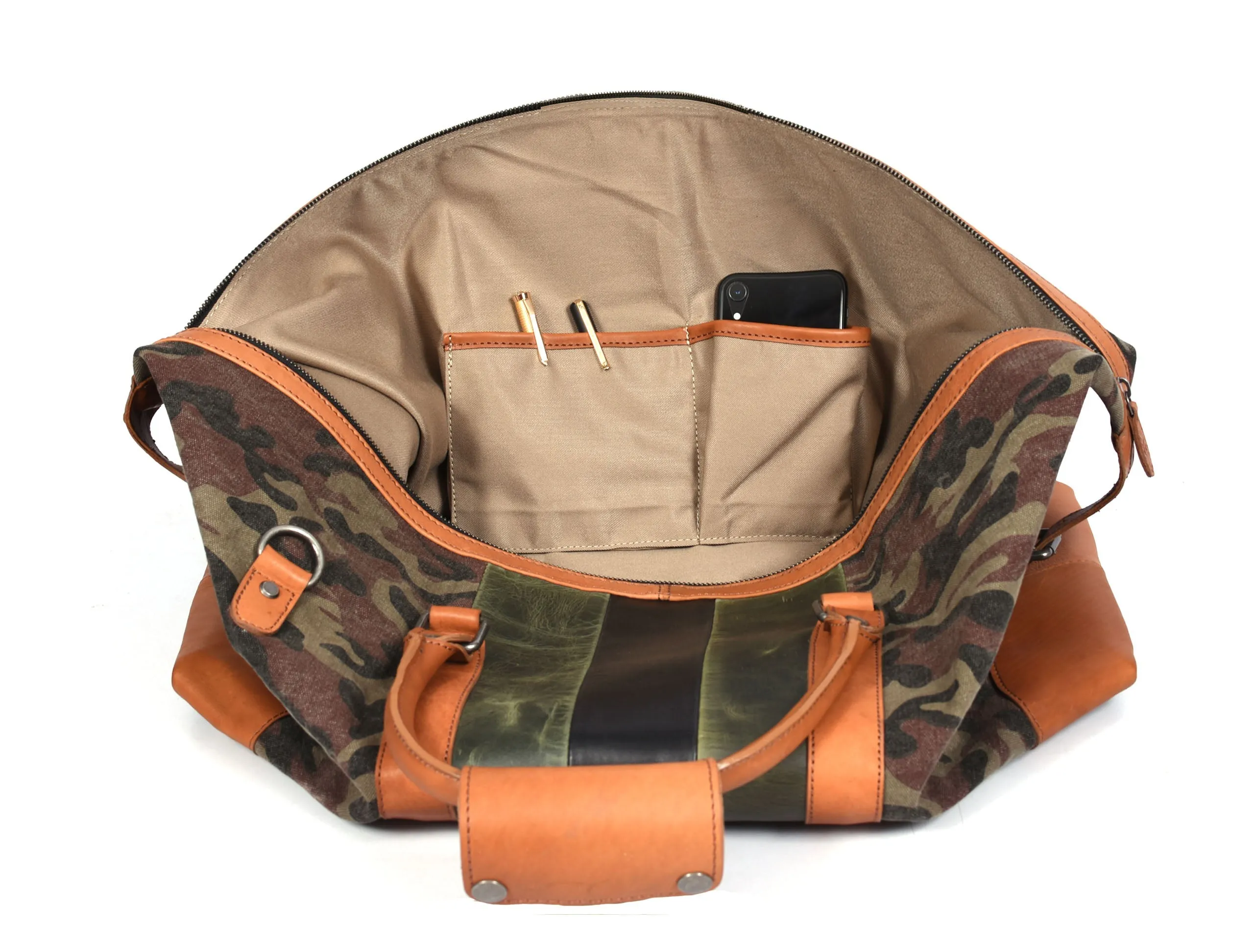 Tolredo Leather Canvas Duffel Bag - Camo Green