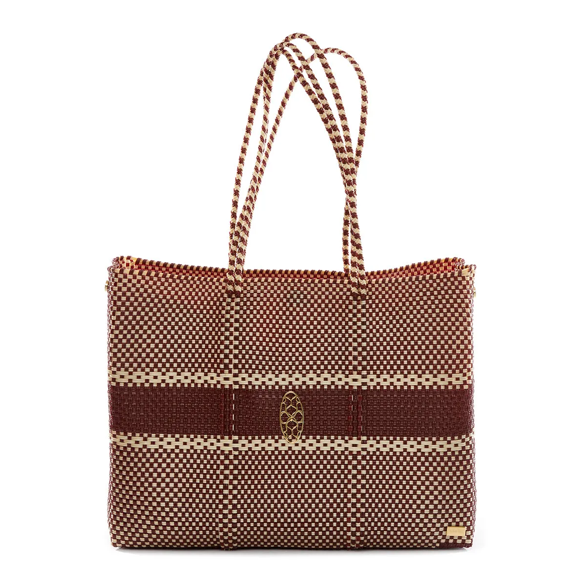 TRAVEL BURGUNDY BEIGE STRIPE TOTE WITH CLUTCH