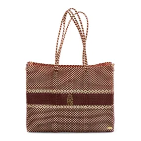 TRAVEL BURGUNDY BEIGE STRIPE TOTE WITH CLUTCH