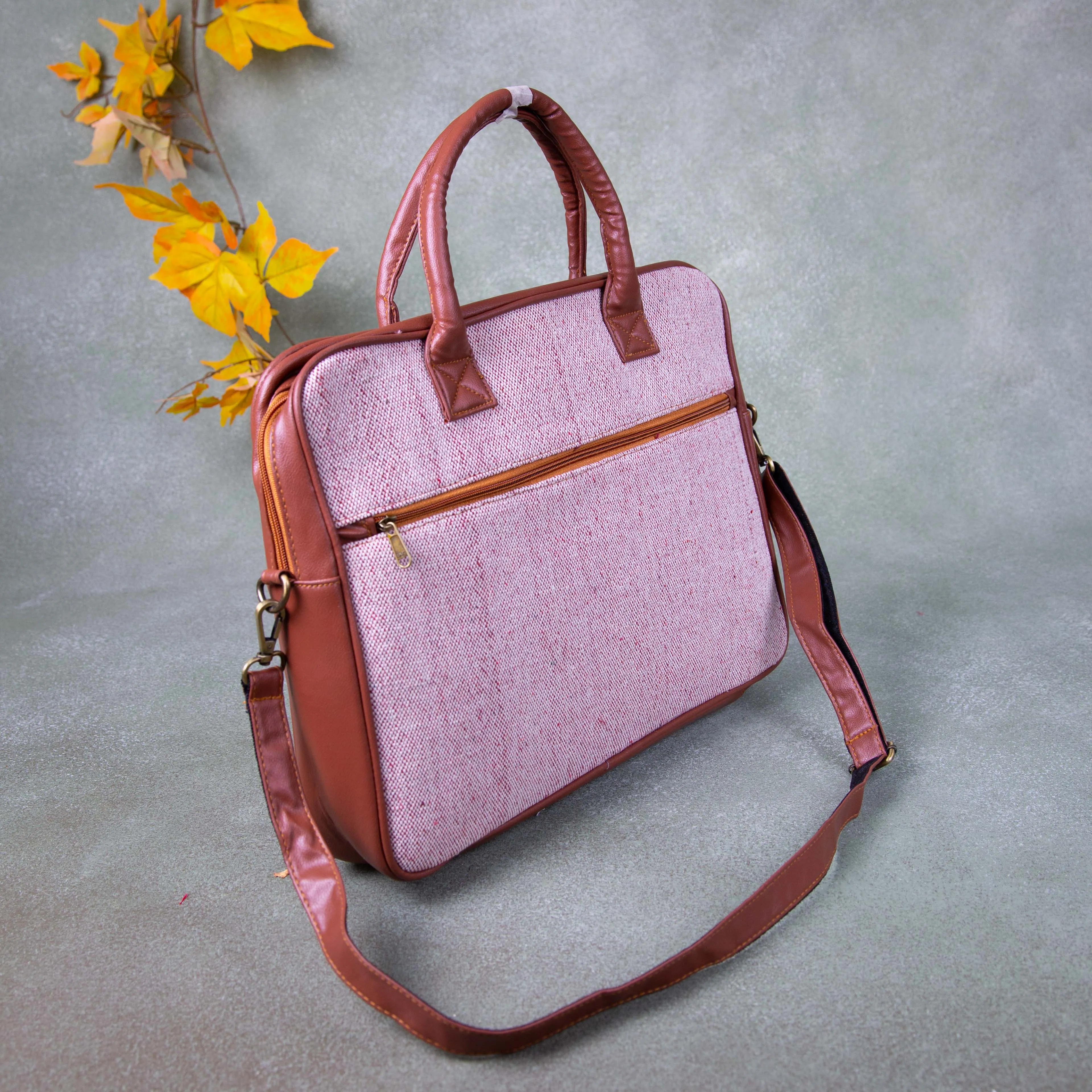 Unisex Laptop shoulder bags Brown with Pink Prints.