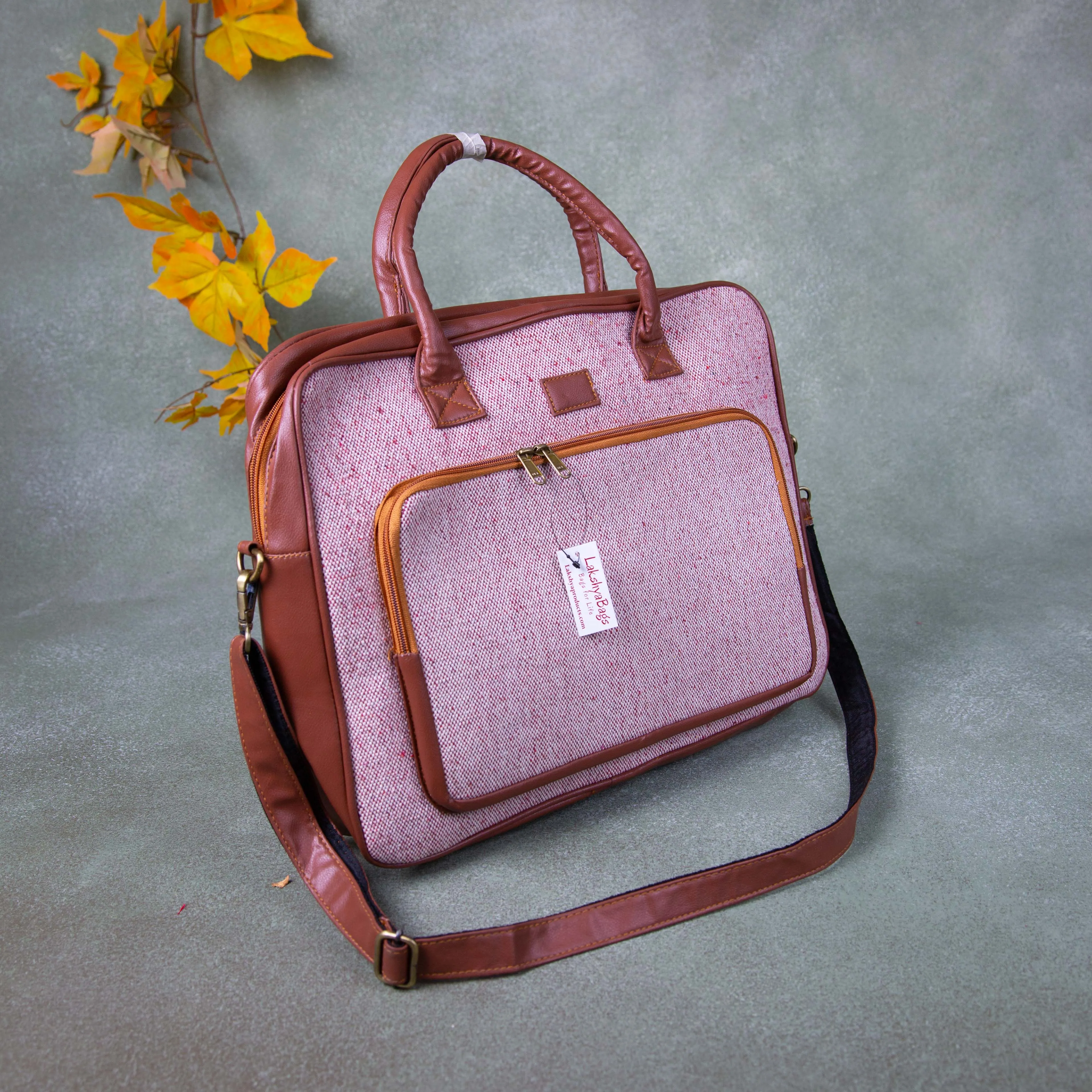 Unisex Laptop shoulder bags Brown with Pink Prints.