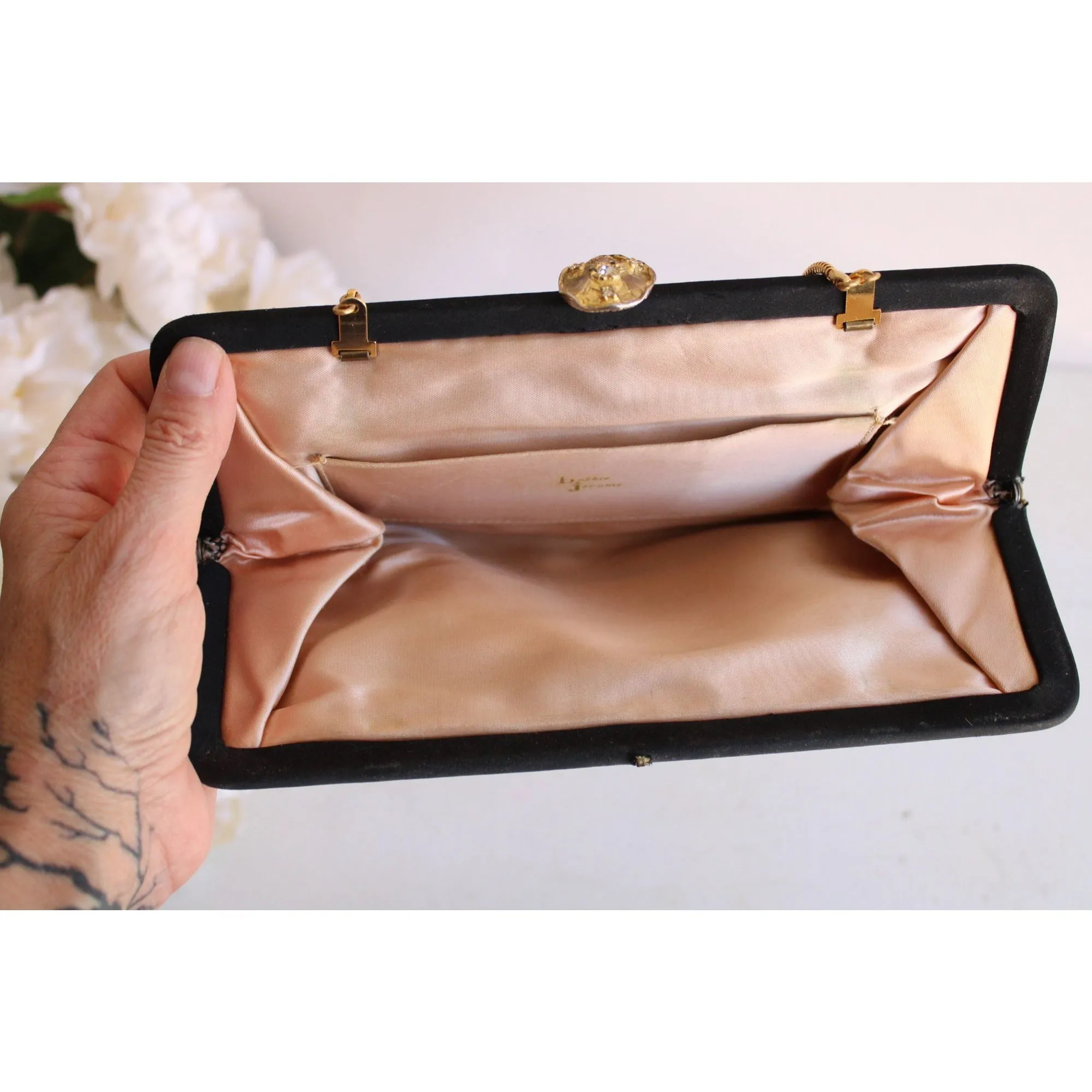 Vintage 1950s 1960s Black Satin Clutch With Jeweled Clasp and Pink Satin Lining