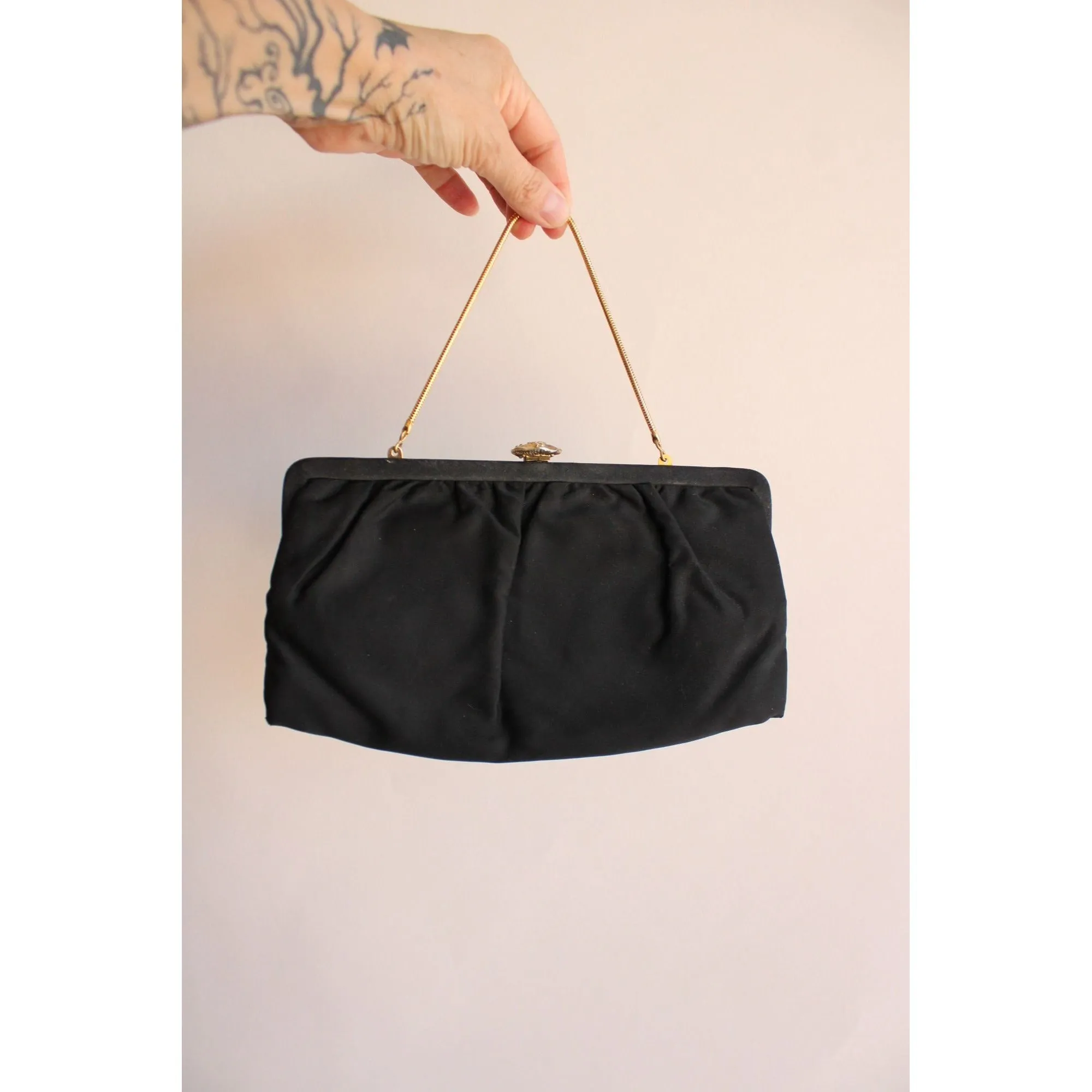 Vintage 1950s 1960s Black Satin Clutch With Jeweled Clasp and Pink Satin Lining