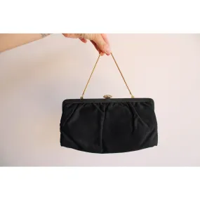 Vintage 1950s 1960s Black Satin Clutch With Jeweled Clasp and Pink Satin Lining