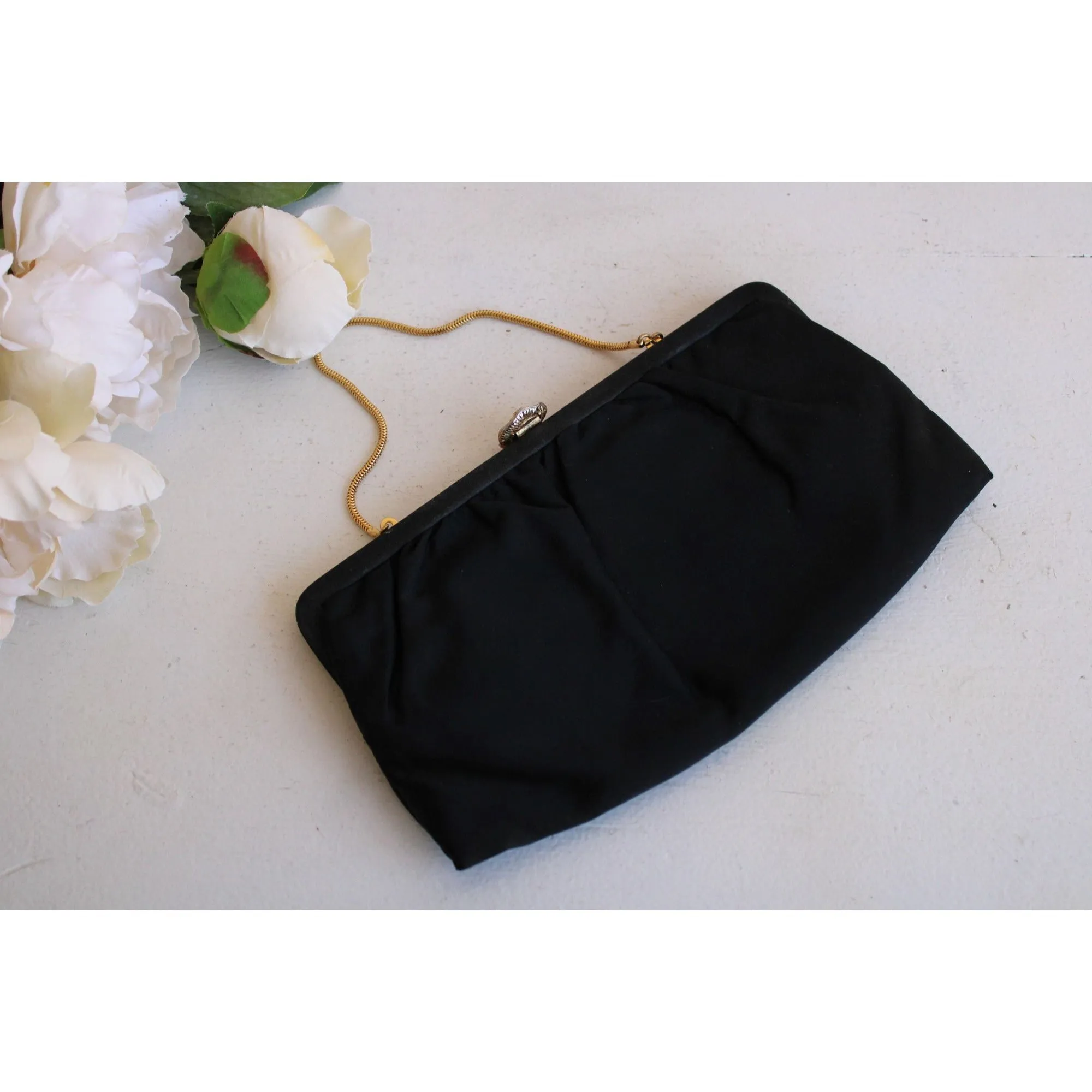 Vintage 1950s 1960s Black Satin Clutch With Jeweled Clasp and Pink Satin Lining