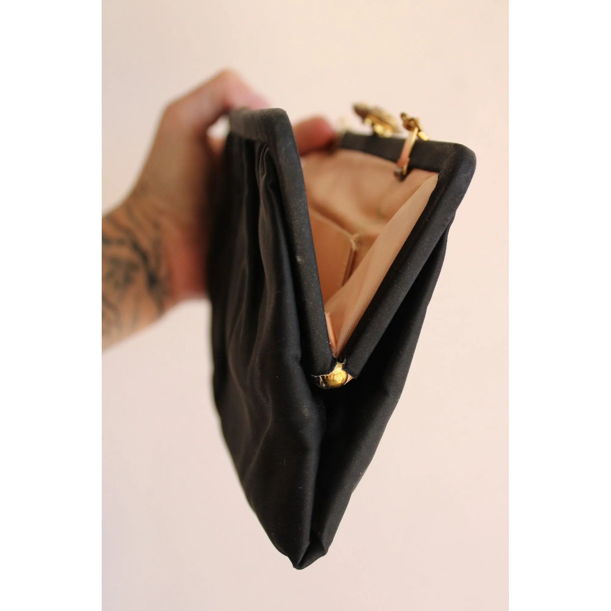 Vintage 1950s 1960s Black Satin Clutch With Jeweled Clasp and Pink Satin Lining