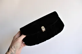 Vintage 1950s Garay Black Velvet Clutch With Rhinestone Clasp