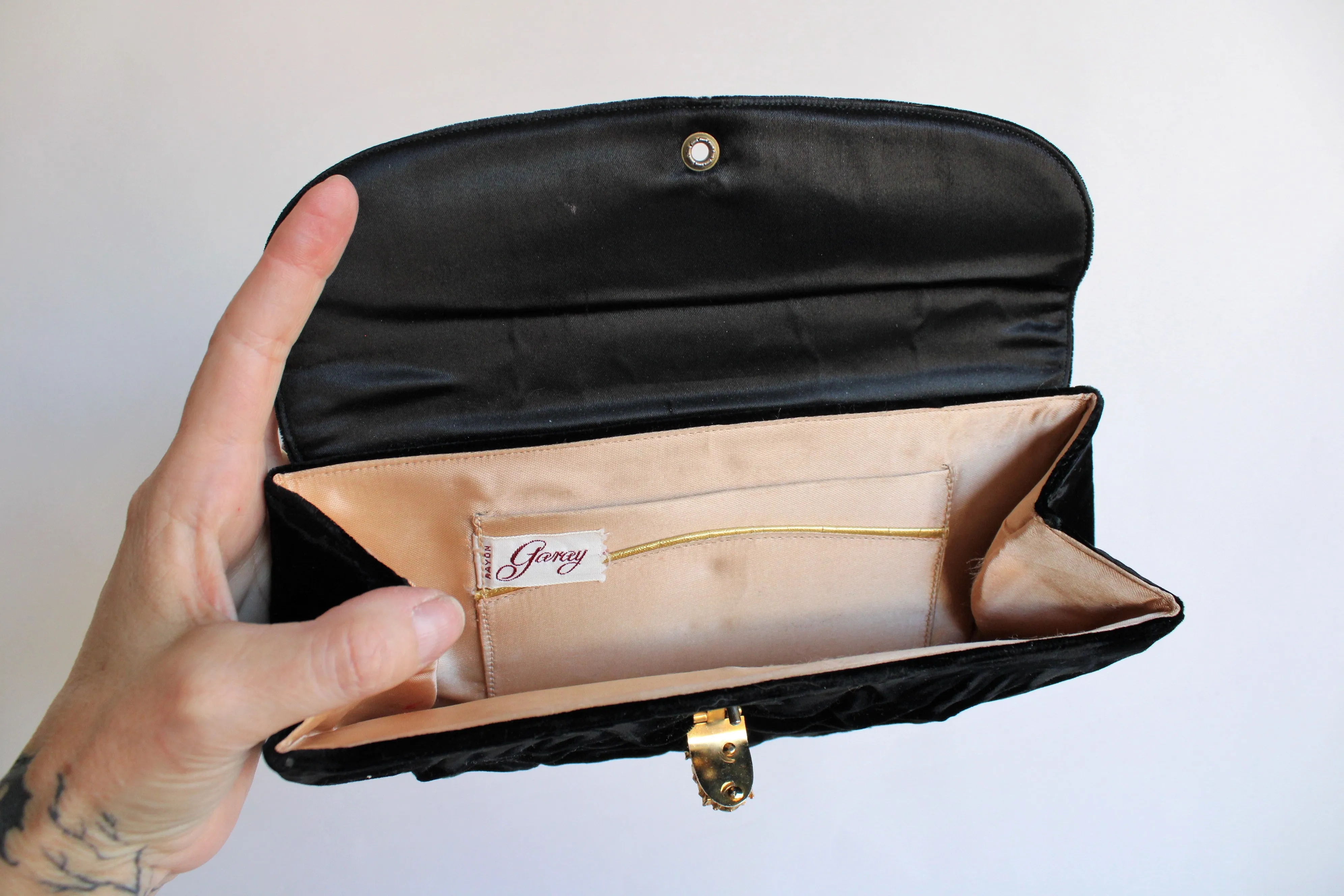 Vintage 1950s Garay Black Velvet Clutch With Rhinestone Clasp