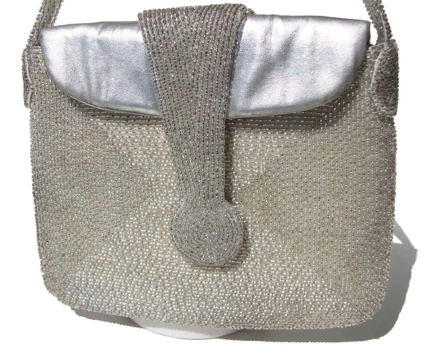 Vintage 60s Silver Bag Leather & Beaded Cocktail Purse