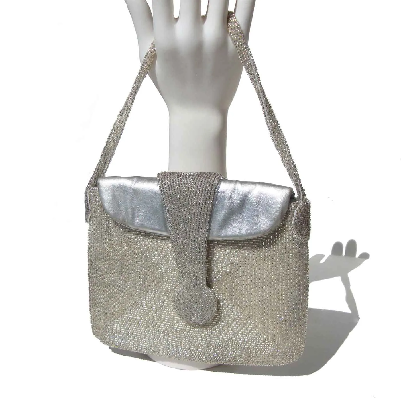 Vintage 60s Silver Bag Leather & Beaded Cocktail Purse