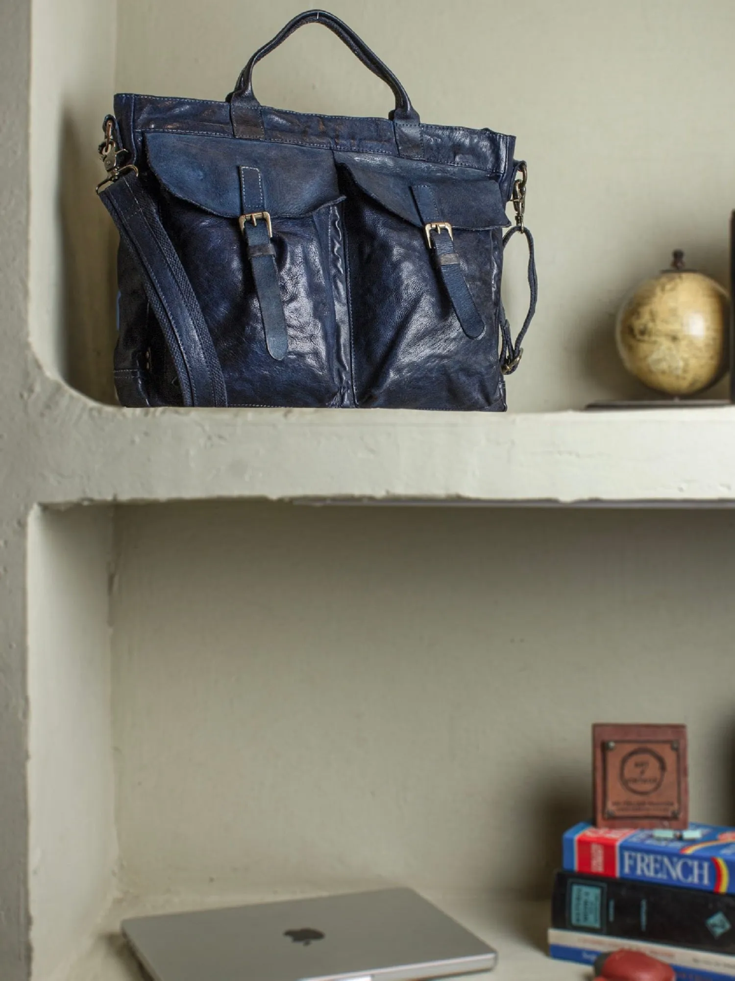 Vintage Navy Blue Leather Laptop Bag With Front Pocket For Men & Women