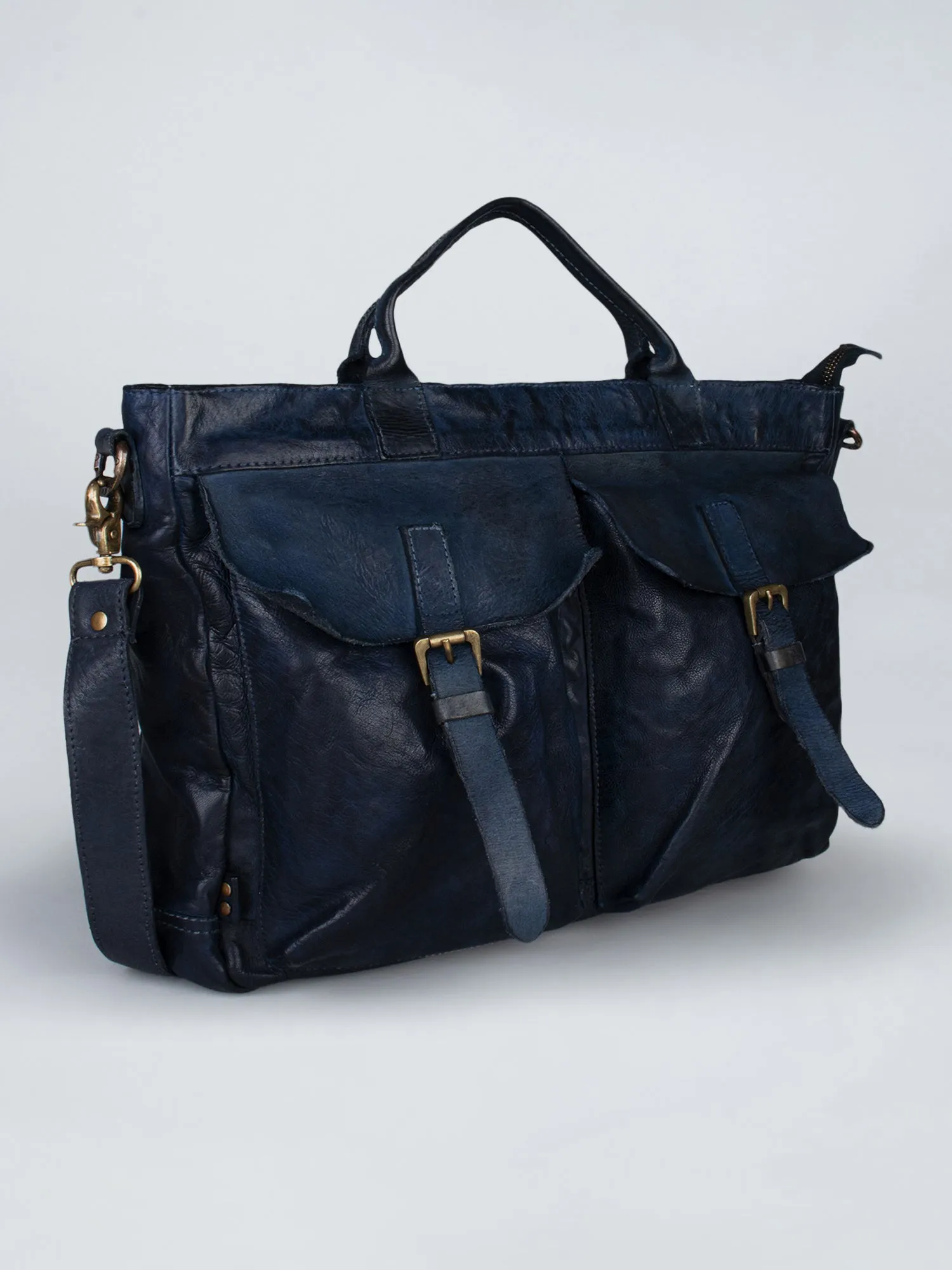 Vintage Navy Blue Leather Laptop Bag With Front Pocket For Men & Women