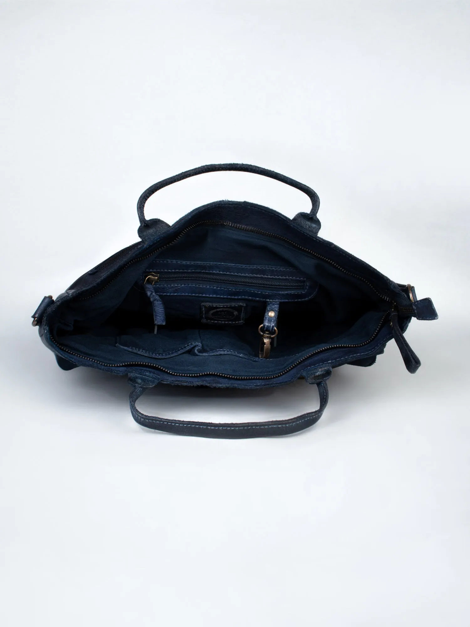 Vintage Navy Blue Leather Laptop Bag With Front Pocket For Men & Women