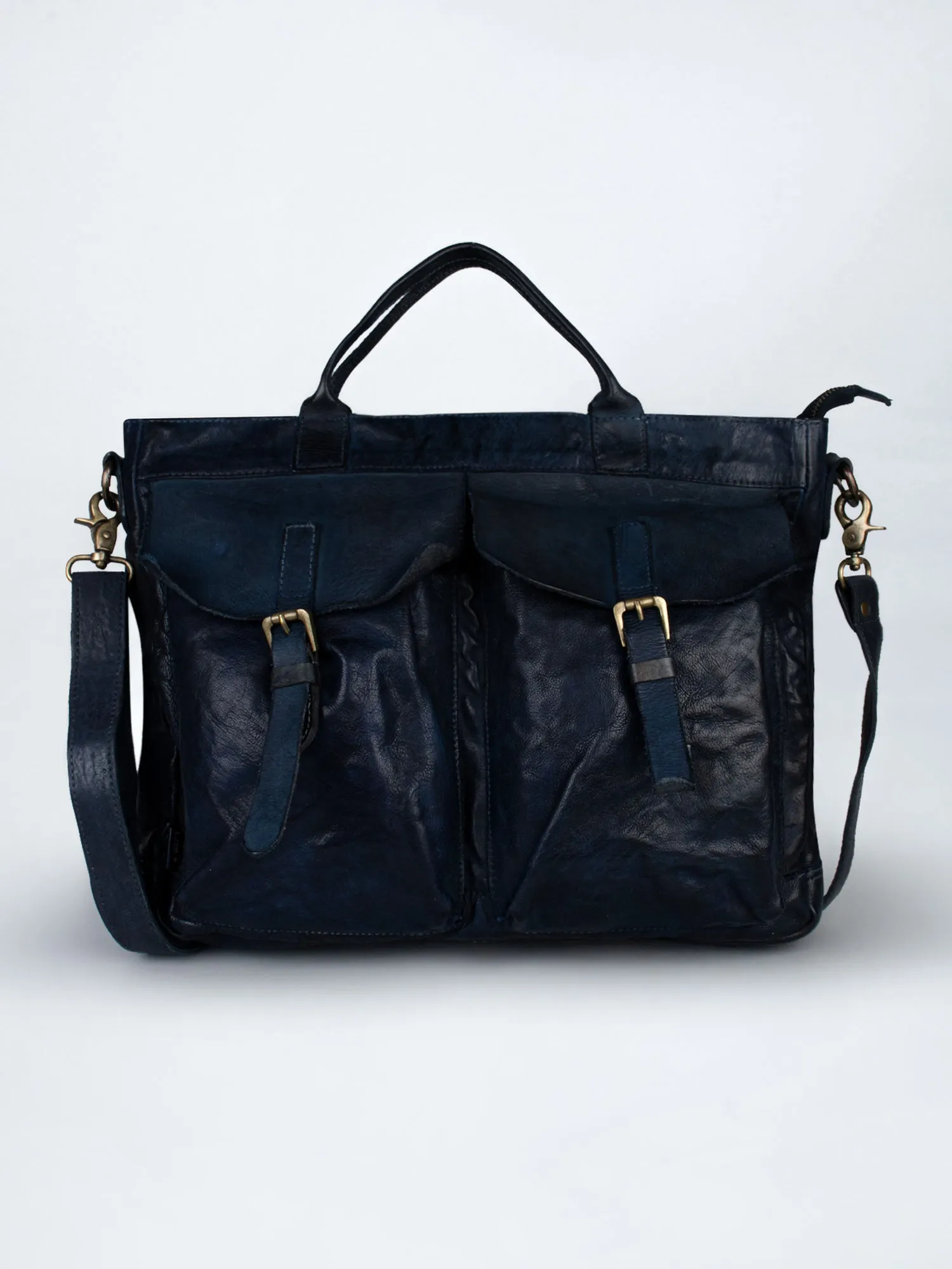 Vintage Navy Blue Leather Laptop Bag With Front Pocket For Men & Women