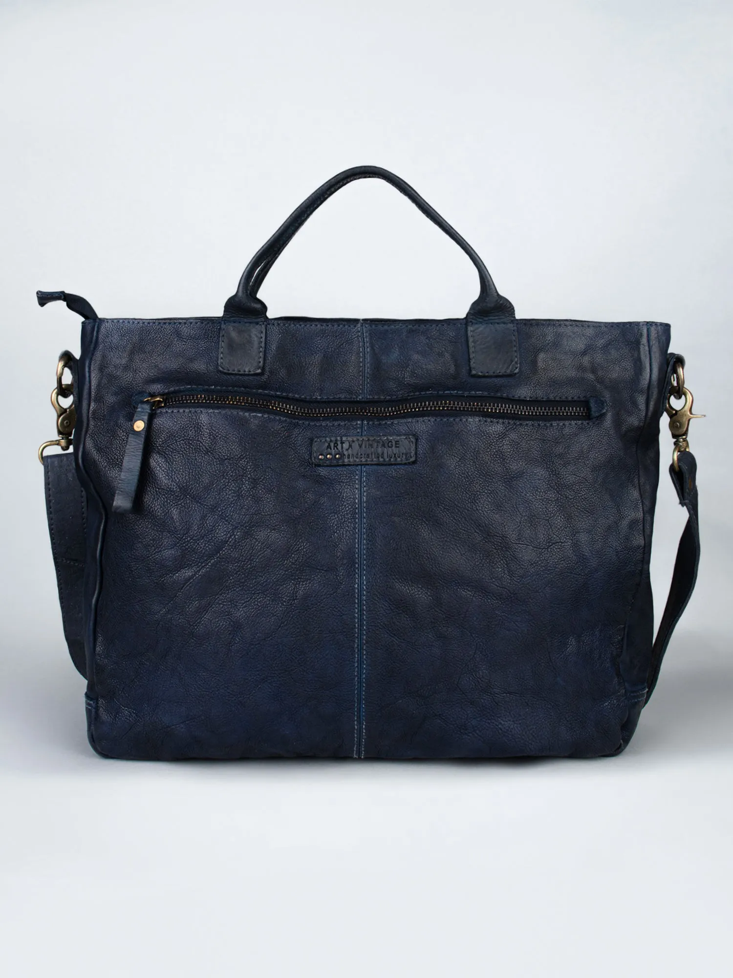 Vintage Navy Blue Leather Laptop Bag With Front Pocket For Men & Women