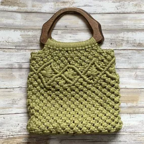 Vintage Olive Green Macrame Bag with Wooden Handles. Perfect Summer Purse.