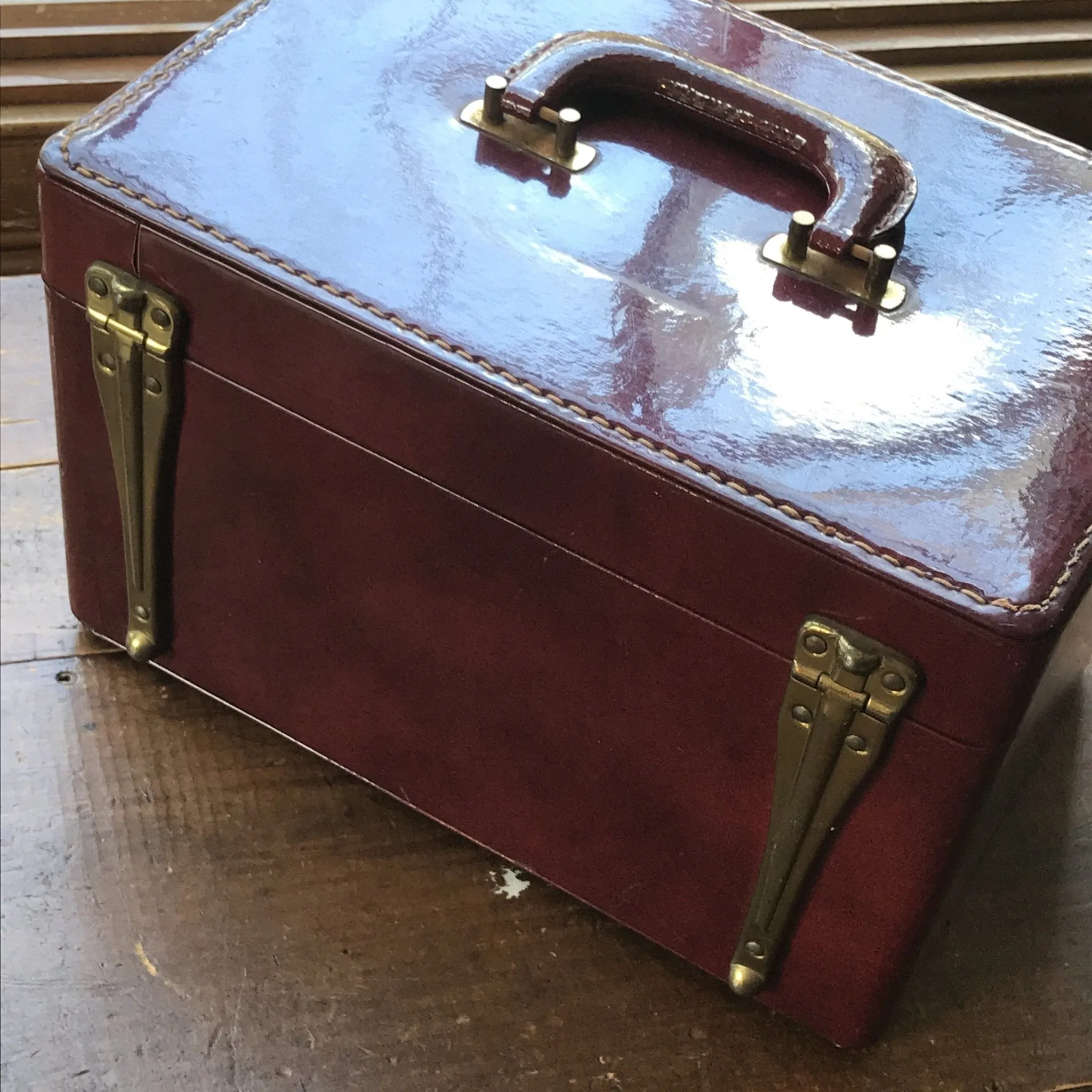 Vintage Patent Leather Train Case by Saks Fifth Avenue. Cosmetic Carrier. Overnight Bag.