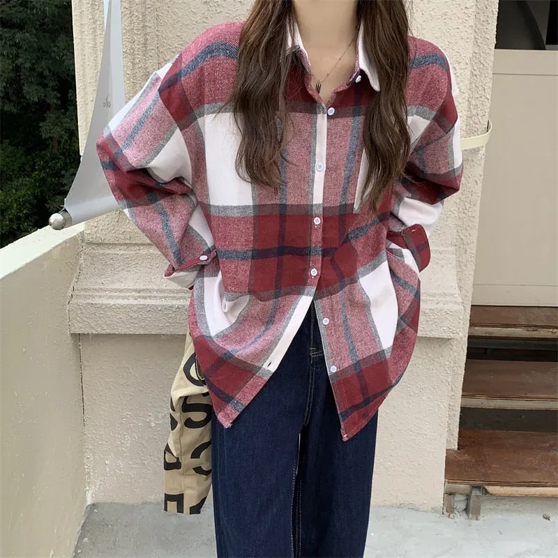 Vintage Women Plaid Shirts Designed Thick Long Sleeve Oversize Ladies Button Up Shirt Turn Down Collar Fall Female Tops