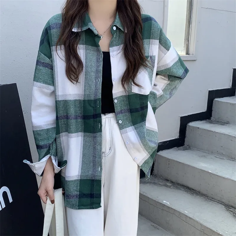 Vintage Women Plaid Shirts Designed Thick Long Sleeve Oversize Ladies Button Up Shirt Turn Down Collar Fall Female Tops