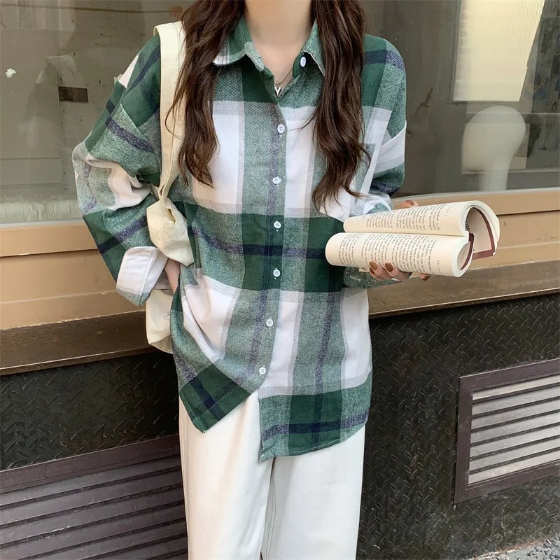 Vintage Women Plaid Shirts Designed Thick Long Sleeve Oversize Ladies Button Up Shirt Turn Down Collar Fall Female Tops