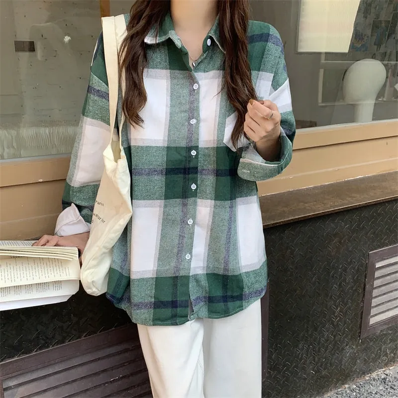 Vintage Women Plaid Shirts Designed Thick Long Sleeve Oversize Ladies Button Up Shirt Turn Down Collar Fall Female Tops