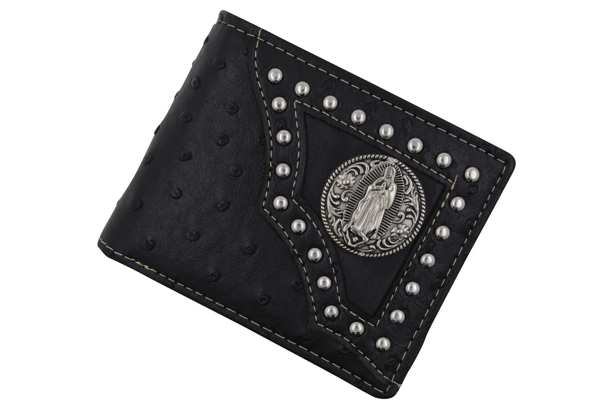 Western Virgin Mary Badge Ostrich Print PU Leather Bifold Black Wallet W012-17-OSTRICH-BK (C)