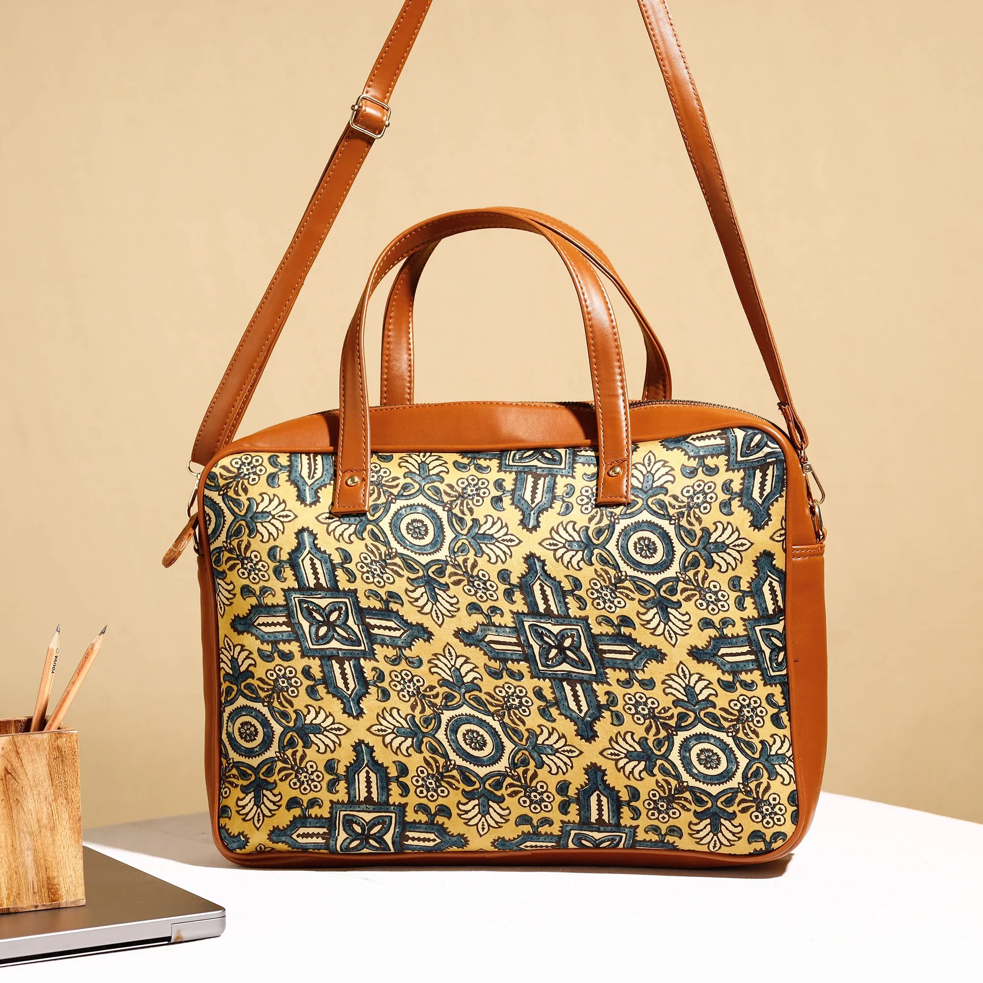 Yellow - Handcrafted Ajrakh Block Printed Modal Silk Laptop Bag (15 x 13 in)